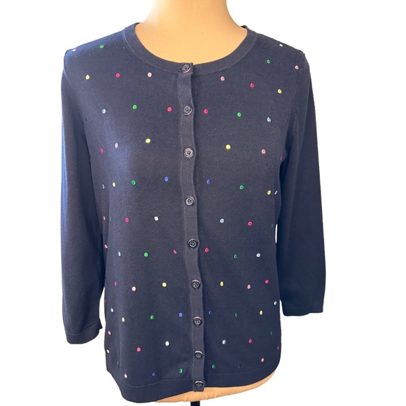 Talbots Navy Blue Colorful Embroidered Polk Dot Cardigan, Size M - Picture 1 of 5